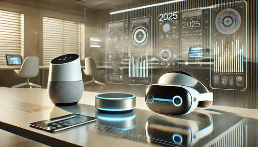 Dispositivi high-tech futuristici su scrivania con interfacce digitali e l'anno 2025 per cosa comprare elettronica high-tech 2025