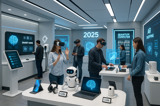 Negozio futuristico espositivo che mostra le tendenze tecnologiche del 2025 con dispositivi innovativi