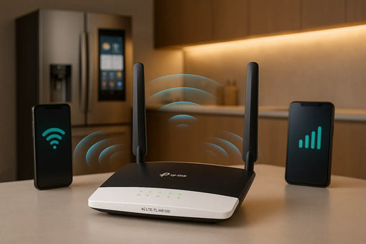 Router TPLINK 4G LTE con antenne esterne che trasmette segnale wireless a due smartphone in cucina