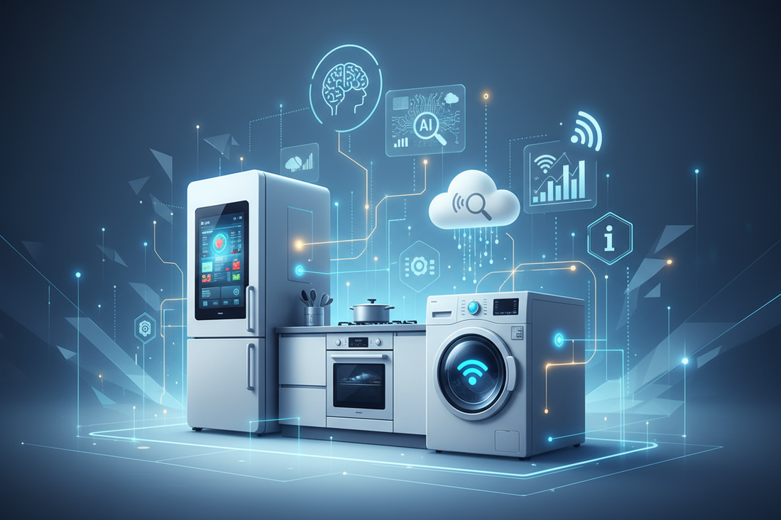 Cucina moderna con elettrodomestici intelligenti che illustrano il trend dell'informatica