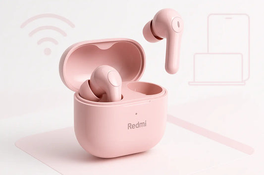 Cuffie wireless rosa Redmi in custodia di ricarica aperta con auricolare flottante simboli Wi Fi Xiaomi