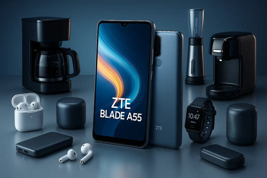 Smartphone ZTE Blade A55 con accessori tech come auricolari wireless smartwatch e macchine da caffè
