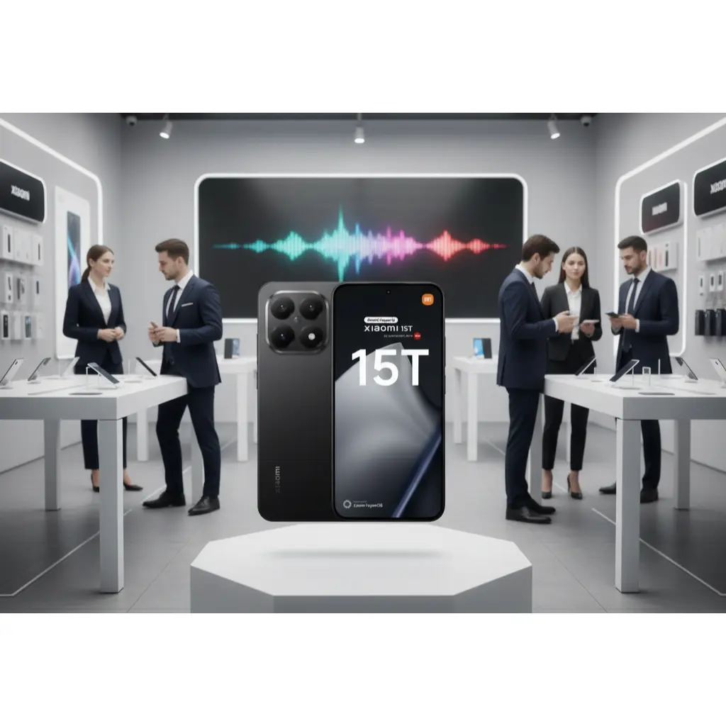 Xiaomi 15T smartphone in un negozio moderno con professionisti che interagiscono