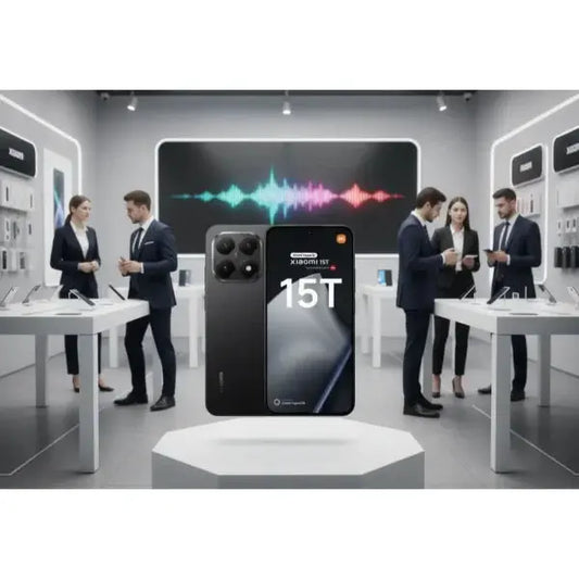 Xiaomi 15T smartphone in un negozio moderno con professionisti che interagiscono
