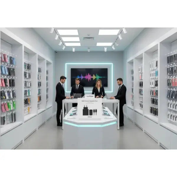 Negozio Samsung con accessori telefonia esposti su pareti e staff al lavoro per assistenza clienti