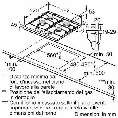 BOSCH PIANO COTTURA INCASSO GAS4 ZONE 60CM INOX PGP6B5B90 - TecnoRoyal