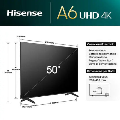 HISENSE TV 50" LED ULTRA HD 4K SMART DVB/T2/S2 50A6N IT Hisense