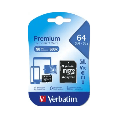 VERBATIM MICRO SD 64GB CON ADATTATTATORE 44084 CL10 - TecnoRoyal