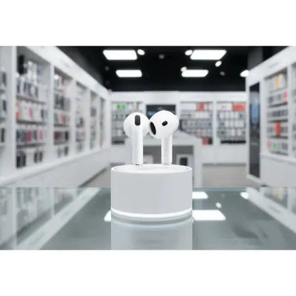 Cuffie Apple AirPods bianche in esposizione su base, ideale per amanti della musica