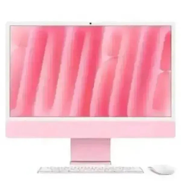 Apple iMac rosa con display grande, tastiera e mouse wireless bianchi, design tutto in uno ideale per creativita