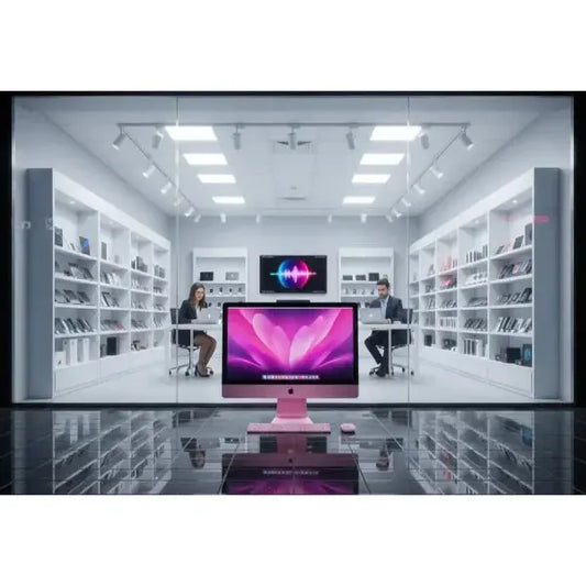 Apple iMac rosa con display luminoso in un ambiente moderno di vendita al dettaglio