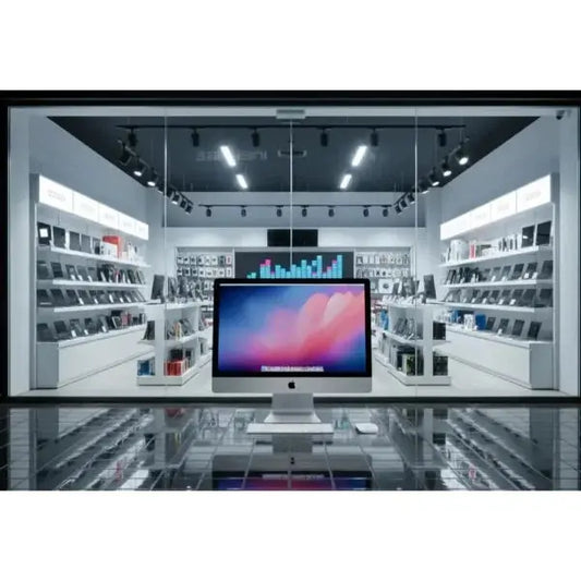 Negozio di elettronica con un Apple iMac in prima linea e scaffali di prodotti Apple sullo sfondo
