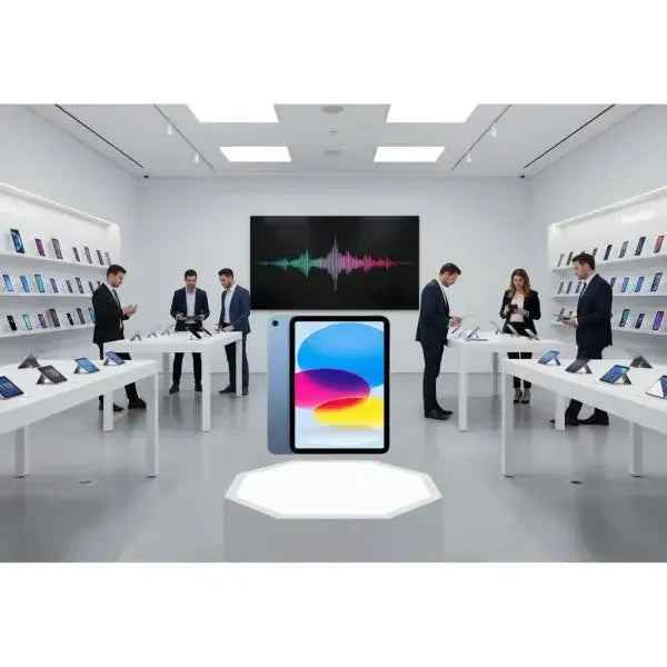 Apple Tablet in esposizione in un negozio moderno con clienti che esplorano vari dispositivi