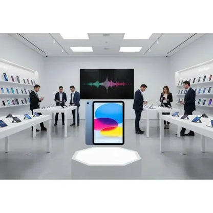 Apple Tablet in esposizione in un negozio moderno con clienti che esplorano vari dispositivi