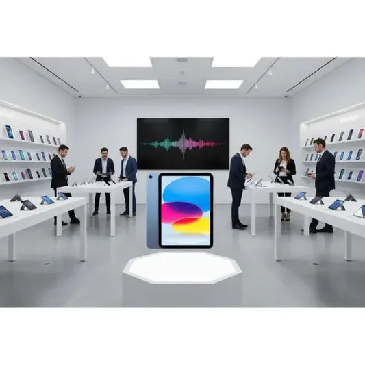 Apple Tablet in esposizione in un negozio moderno con clienti che esplorano vari dispositivi