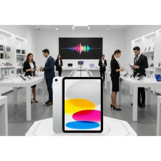 Apple iPad 2022 esposto in un negozio moderno con clienti e personale in abbigliamento professionale