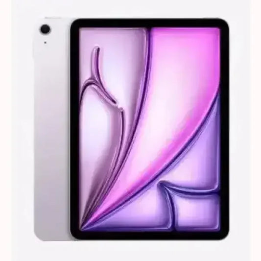 Tablet Apple iPad Air 2025 argento con retro fotocamera singola e display bordi sottili con sfondo viola