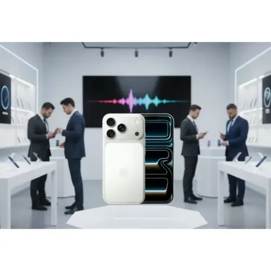 Smartphone Apple in bianco e nero esposto in un negozio per la presentazione delle ultime tecnologie