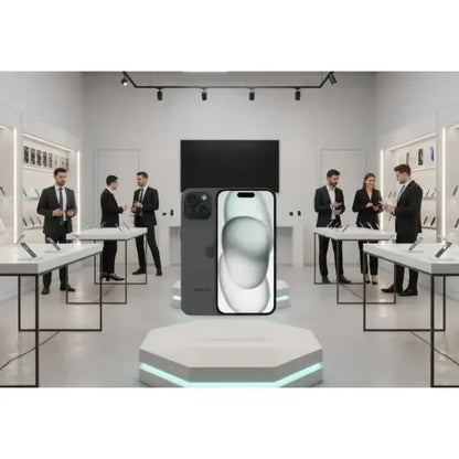 Smartphone Apple con design elegante in un showroom moderno con personale in abito professionale