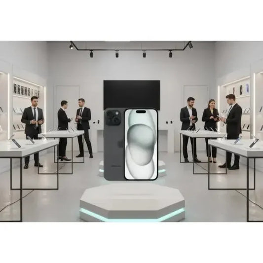 Smartphone Apple con design elegante in un showroom moderno con personale in abito professionale