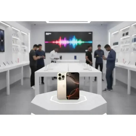 Smartphone Apple esposto in negozio con design elegante e doppia fotocamera sul retro