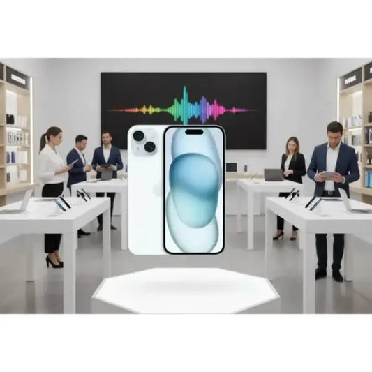 Smartphone Apple con schermo grande nella vetrina di un negozio elettronico moderno