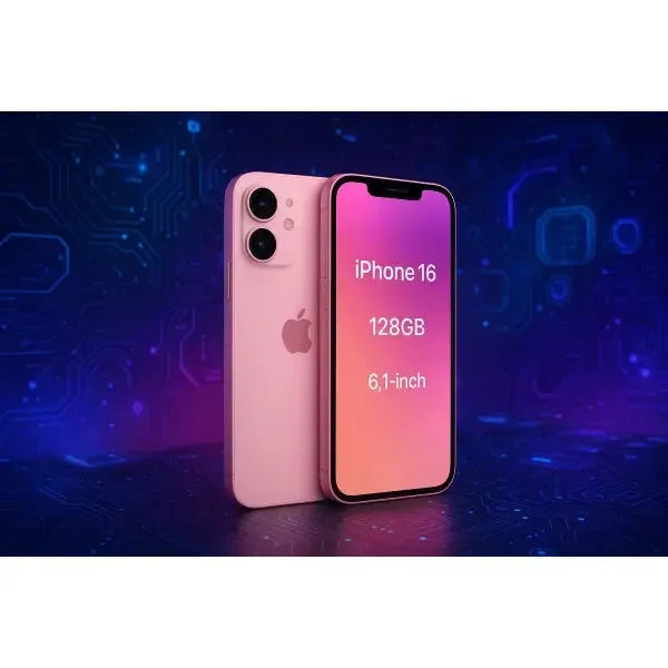 Apple iPhone 16 rosa da 128GB con display da 6,1 pollici in un ambiente futuristico