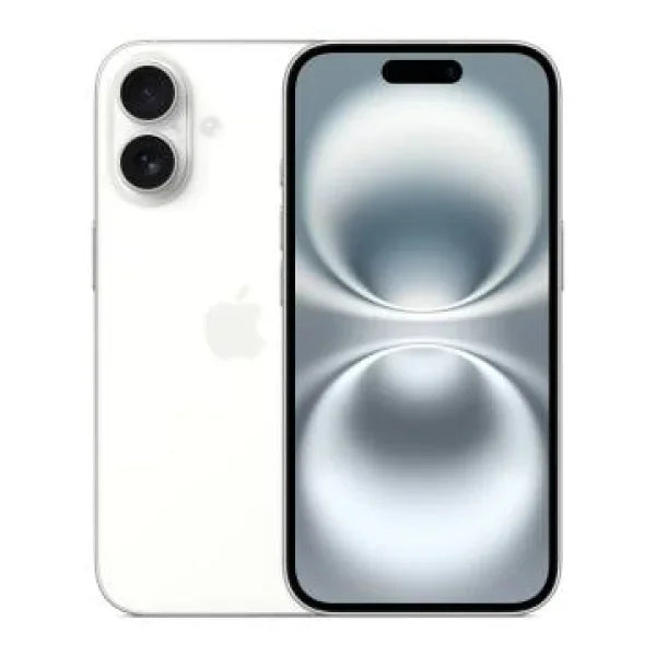 Apple iPhone 16 in bianco con doppia fotocamera posteriore e display ultra nitido