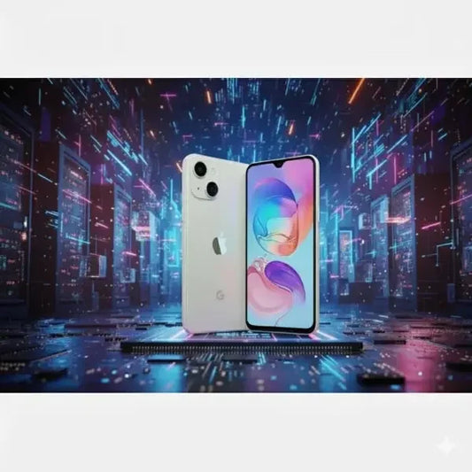 Apple iPhone 16 con design elegante e schermo vibrante tra grafiche futuristiche