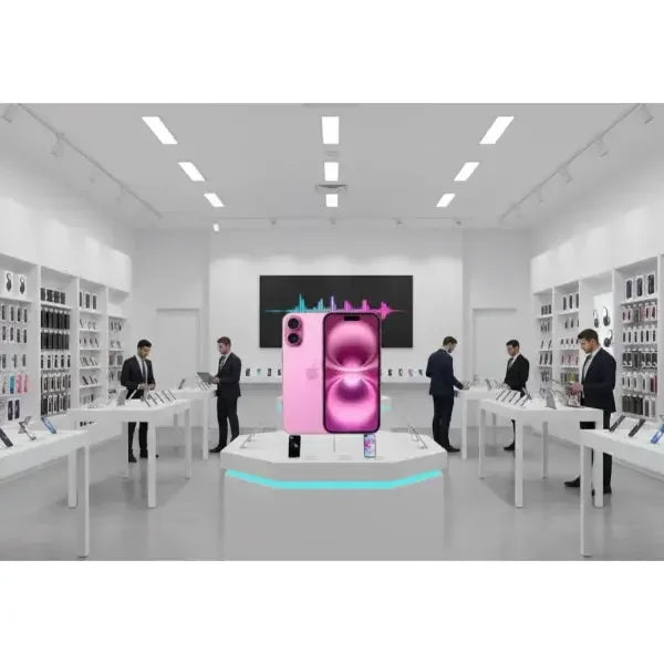 iPhone 16 in rosa esposto in un negozio di elettronica moderna con clienti interessati