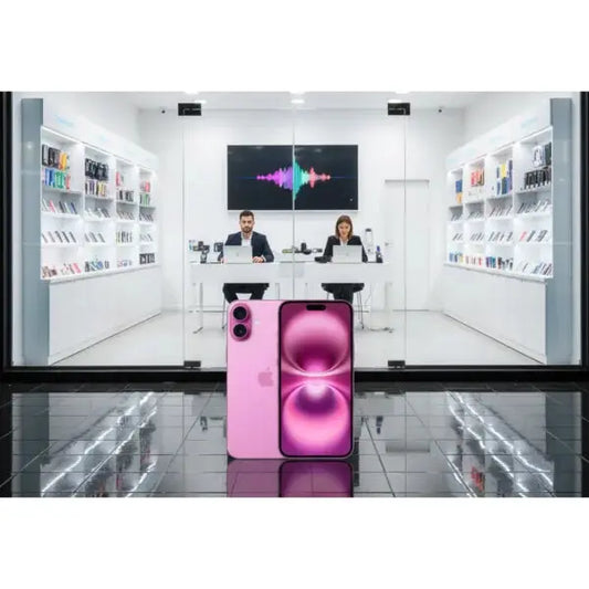 Apple iPhone 16 Plus in rosa con display mozzafiato in un negozio di elettronica moderno