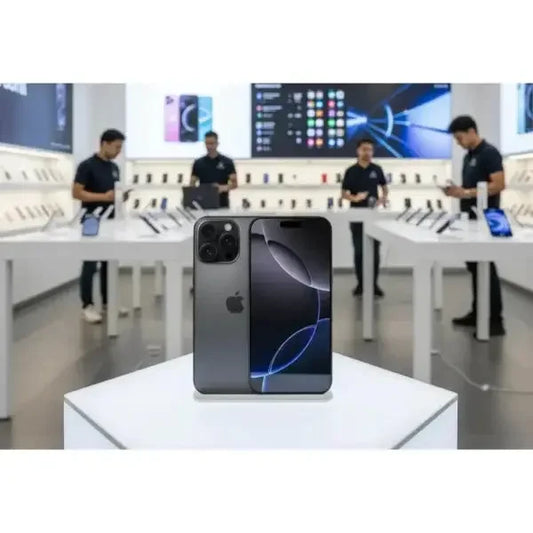 iPhone 16 Pro Max in grigio su supporto in un negozio Apple con personale in background