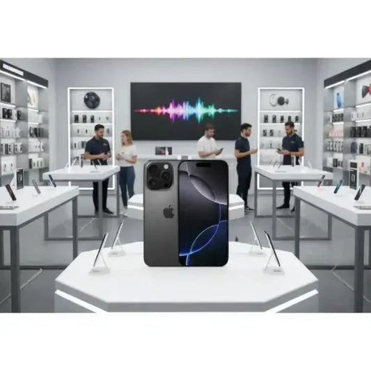 Apple iPhone 16 Pro in un negozio con accessori tecnologici e personale di vendita