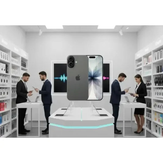 iPhone 17 in un centro commerciale con clienti che esplorano smartphone e accessori