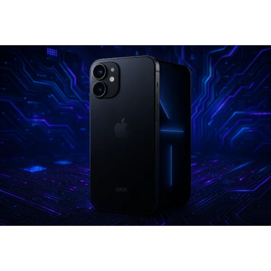 Apple iPhone 17 in nero con design elegante e retro luminoso su sfondo tecnologico