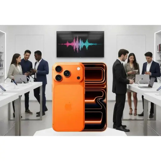iPhone 17 Pro arancione in negozio con clienti e personale che interagiscono tra loro