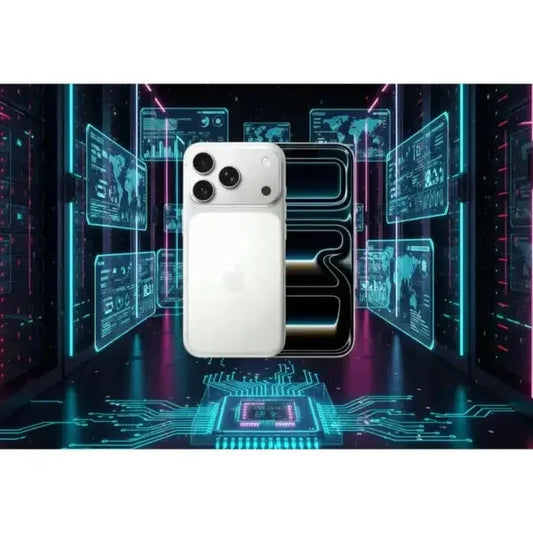 Apple iPhone 17 Pro in bianco con tripla fotocamera e design elegante su sfondo futuristico