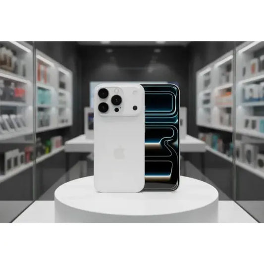 Apple iPhone 17 Pro bianco con tre fotocamere e design elegante in un ambiente moderno