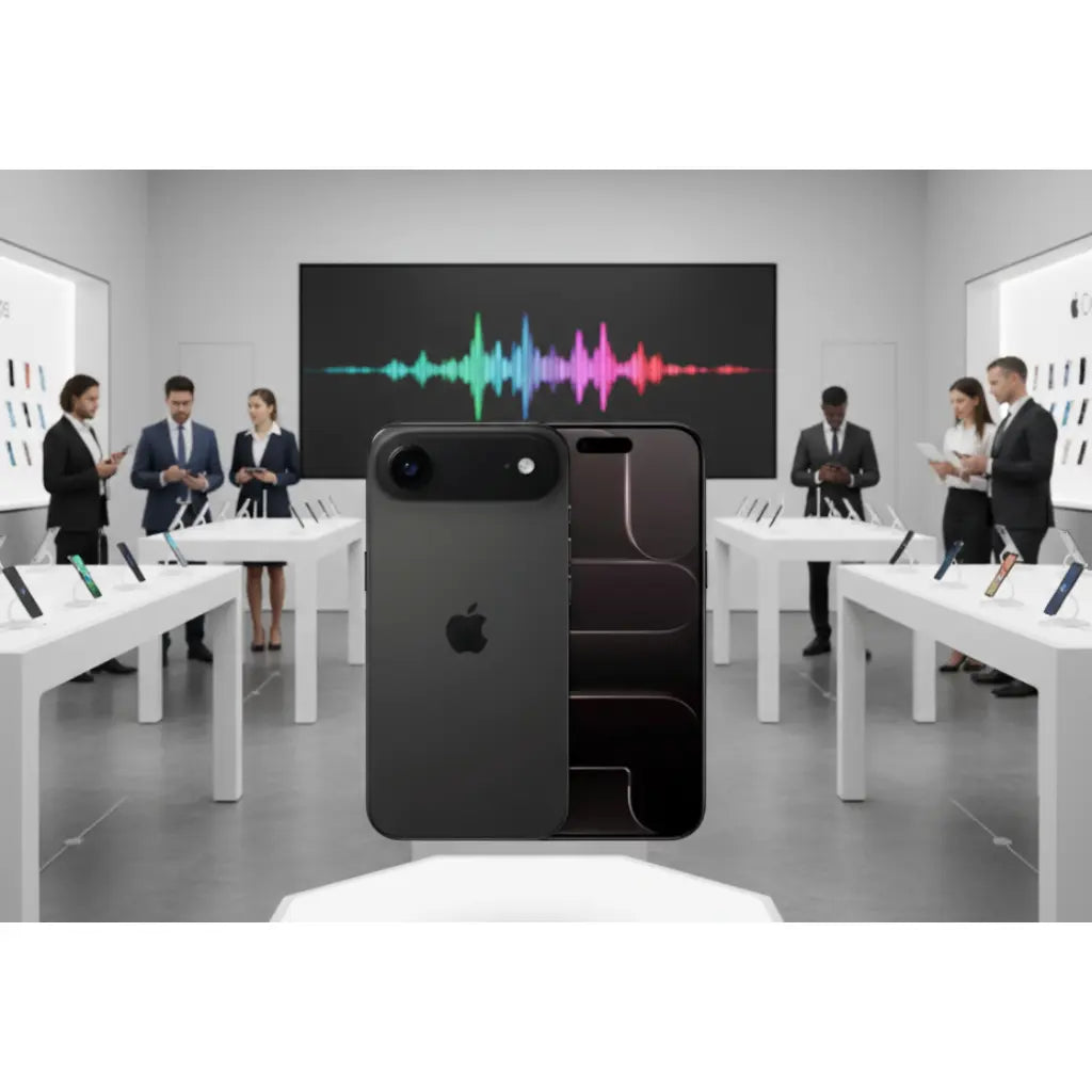 Apple iPhone Air nero in showroom con display e persone che esplorano i prodotti tecnologici