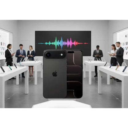 Apple iPhone Air nero in showroom con display e persone che esplorano i prodotti tecnologici