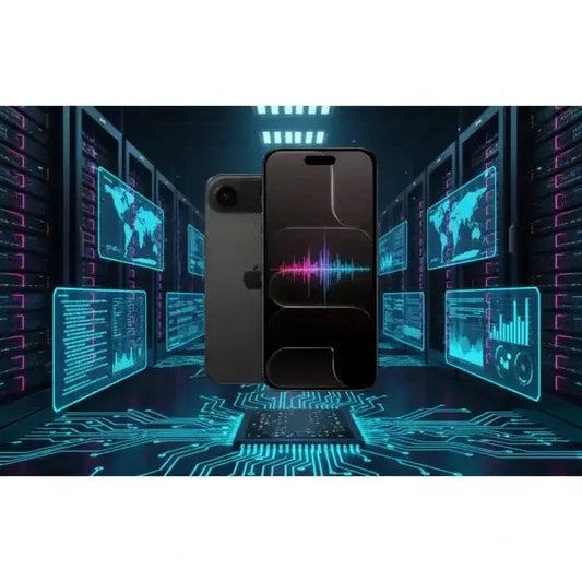 Smartphone Apple con design elegante e display avanzato in un ambiente tecnologico futuristico