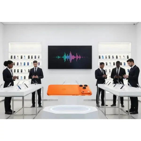 Smartphone Apple arancione in un negozio con clienti e espositori di dispositivi elettronici