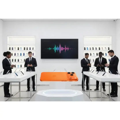 Smartphone Apple arancione in un negozio con clienti e espositori di dispositivi elettronici