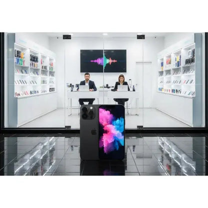 Apple iPhone in vetrina di un negozio con sfondo moderno e due venditori in servizio