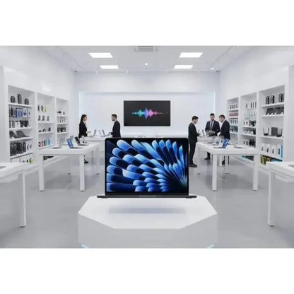 Negozio Apple con esposizione di vari dispositivi e un MacBook Air in primo piano