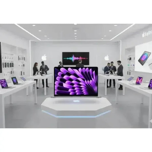 Interno di un negozio Apple con vari prodotti, inclusi Apple MacBook Air in esposizione su tavoli bianchi