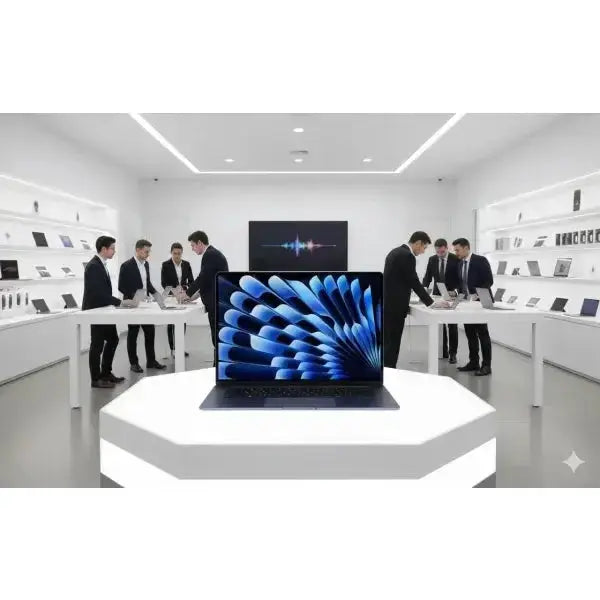Apple MacBook Air in first piano con schermo luminoso in mostra in negozio tecnologico moderno