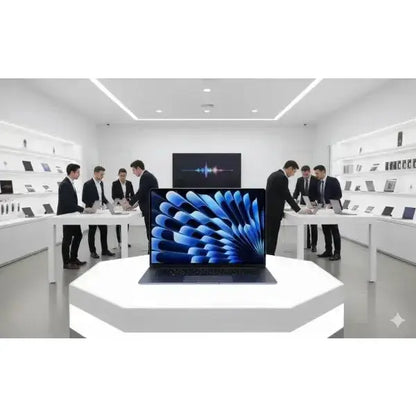 Apple MacBook Air in first piano con schermo luminoso in mostra in negozio tecnologico moderno