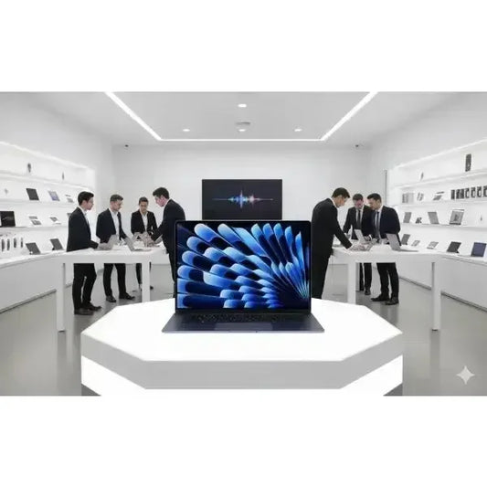 Apple MacBook Air in first piano con schermo luminoso in mostra in negozio tecnologico moderno