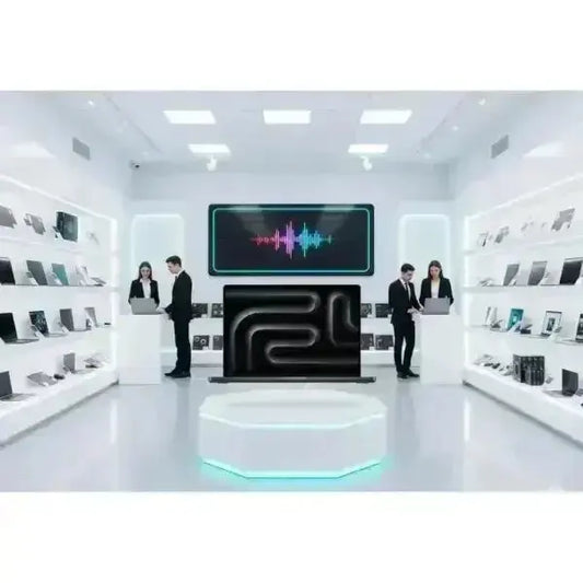 Negozio di tecnologia con esposizione di Apple MacBook Pro su ripiani moderni